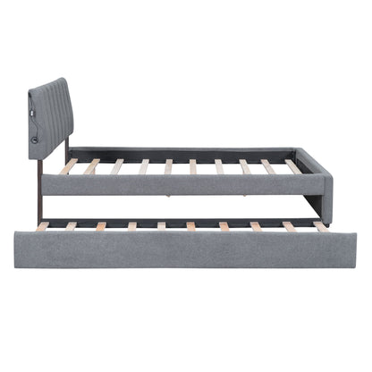 Full Size Upholstered Platform Bed With Twin Size Trundle - Gray
