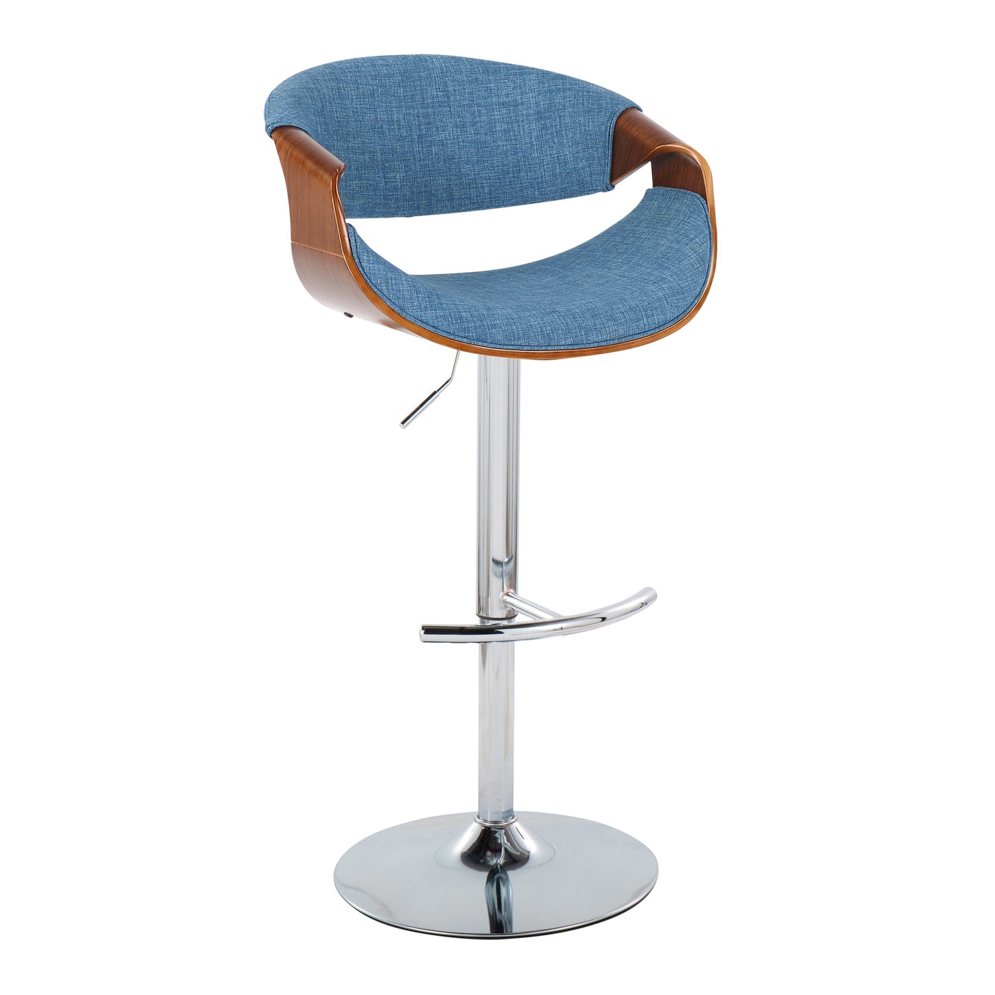 Curvo - Mid-Century Modern Adjustable Barstool With Swivel With Rounded T Footrest (Set of 2) - Chrome / Walnut / Blue