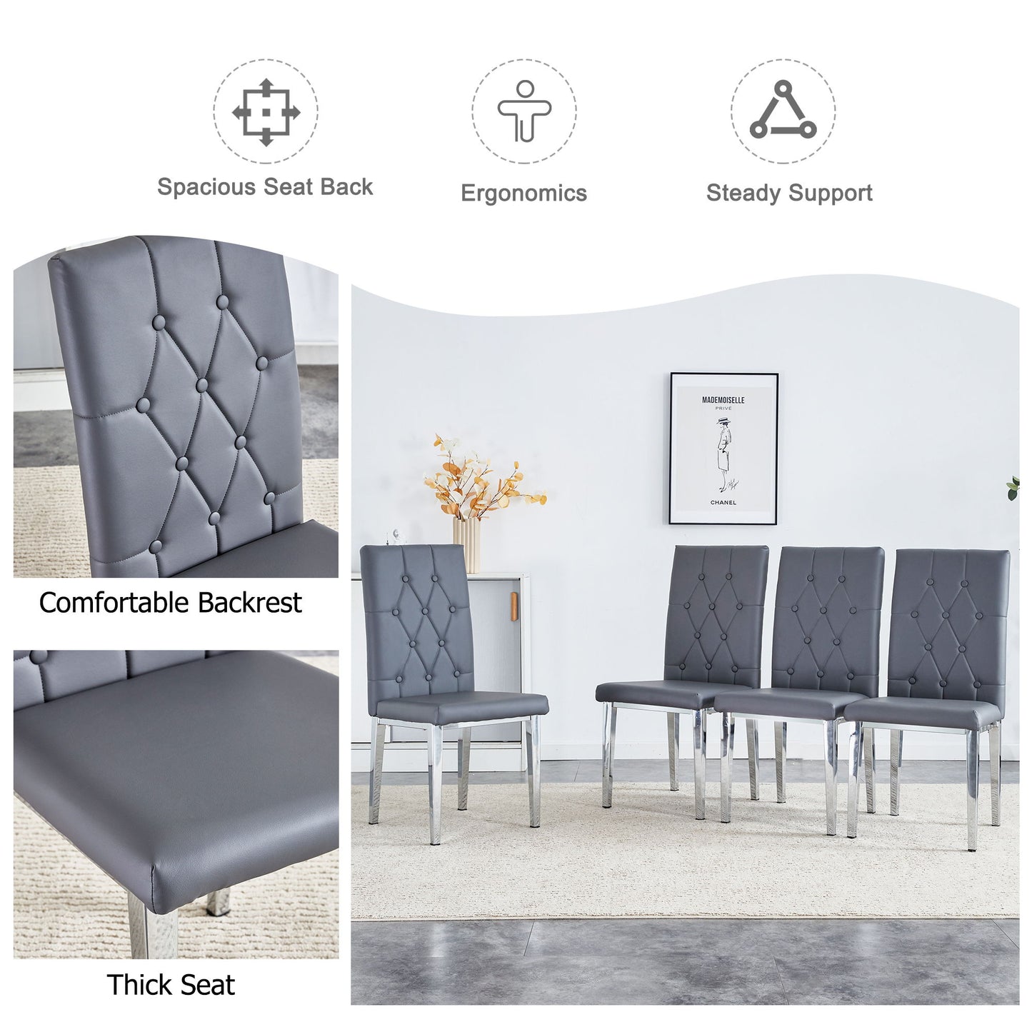Armless Dining Chairs, Grid And Buckle Design Of The Back (Set of 4) - Gray