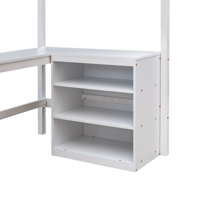 Twin Size Loft Bed With Shelves With Desk - White