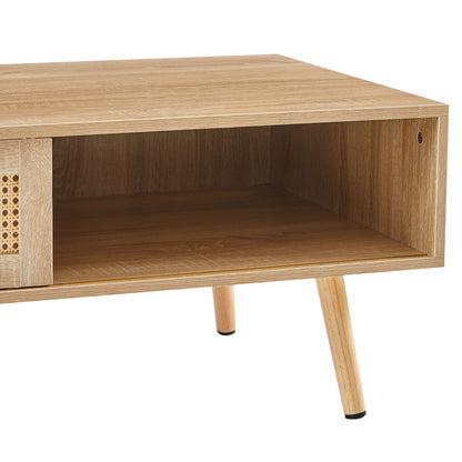 41.34" Rattan Coffee Table, Sliding Door For Storage, Solid Wood Legs, Modern Table For Living Room - Natural
