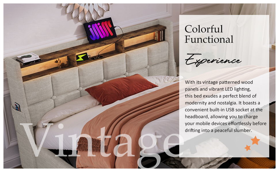 Full Size Upholstered Platform Bed With A Hydraulic Storage System, LED And USB Charging (Without Mattress) - Natural