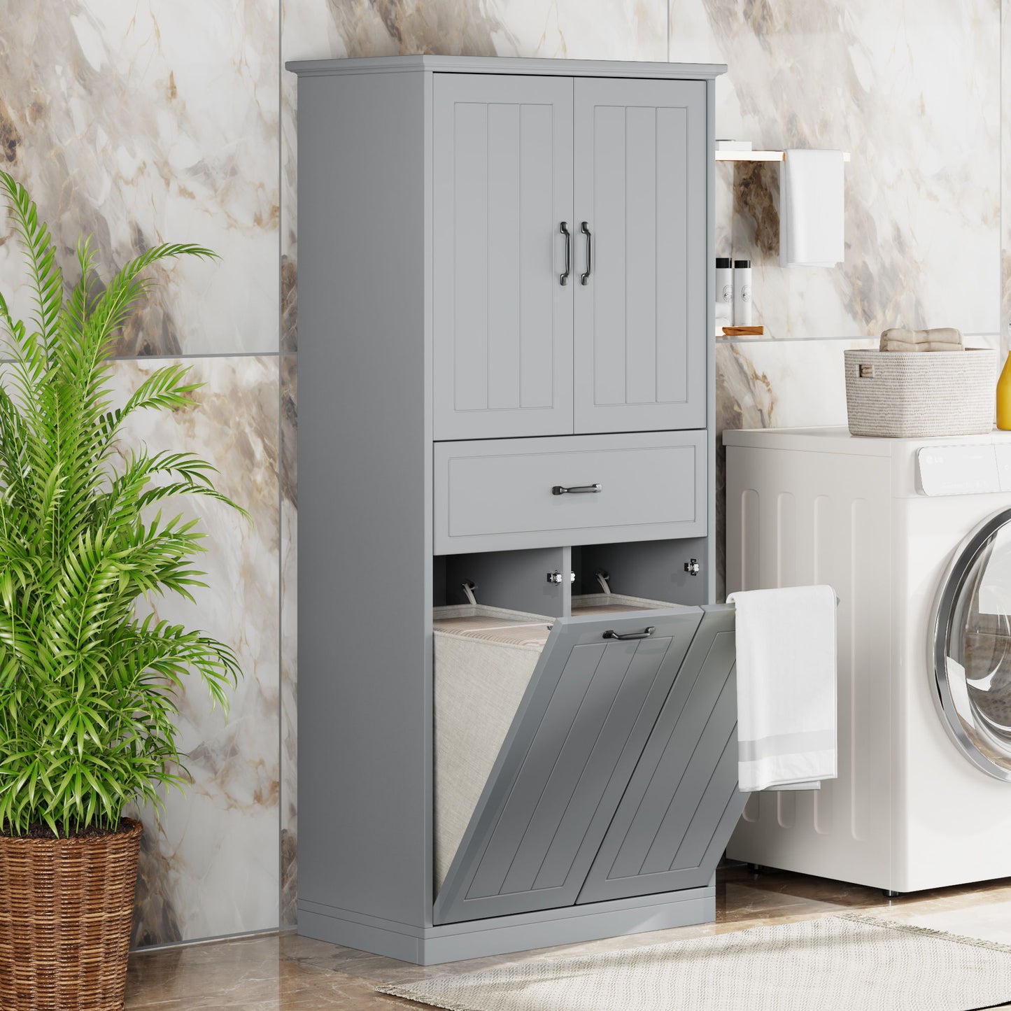 Stylish Bathroom Storage Cabinet With 2 Laundry Baskets - Gray