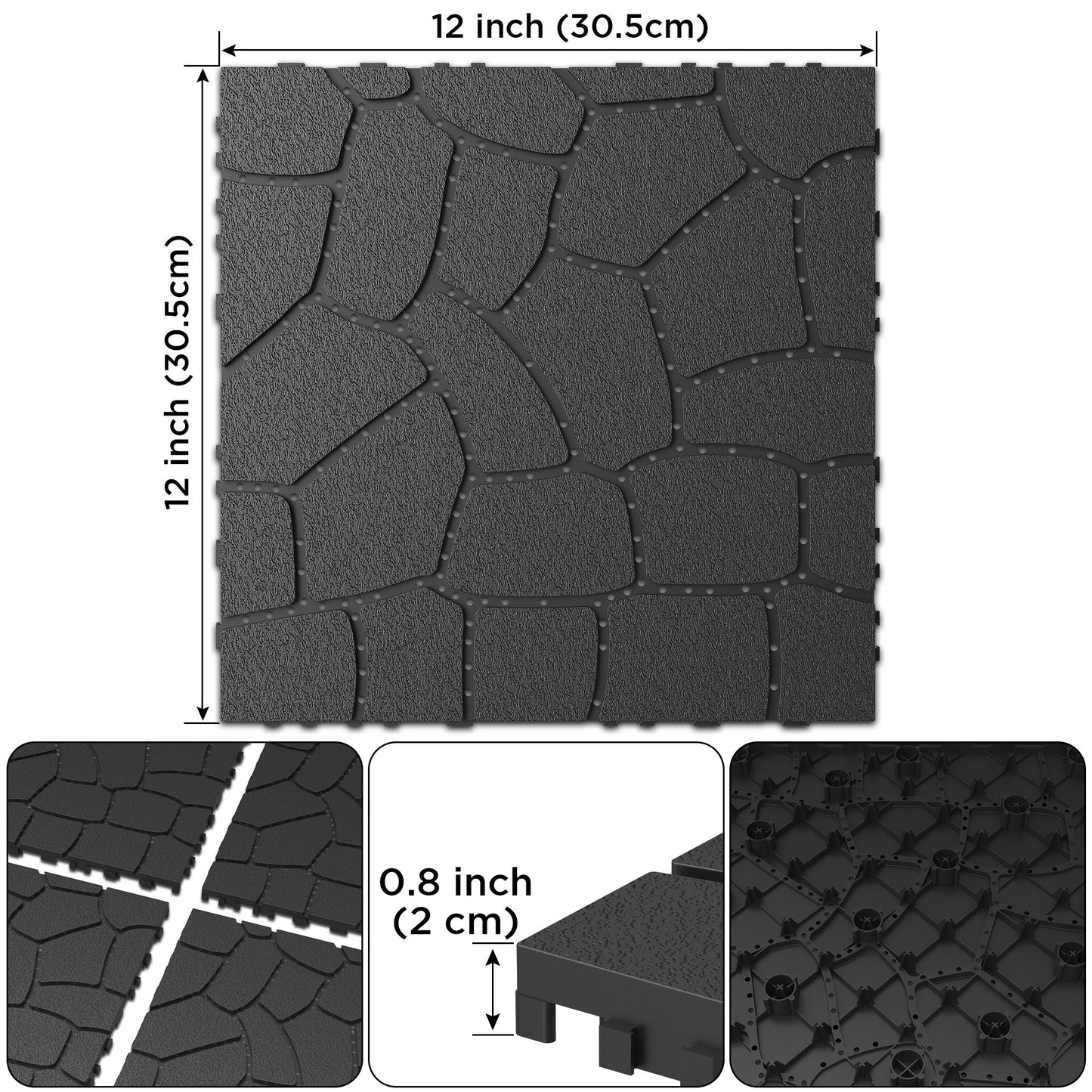 New Stone Texture Patio Deck Tiles, Diy Interlocking Floor Tiles, Easy Installation For Porch Poolside Balcony 12" - Dark Gray