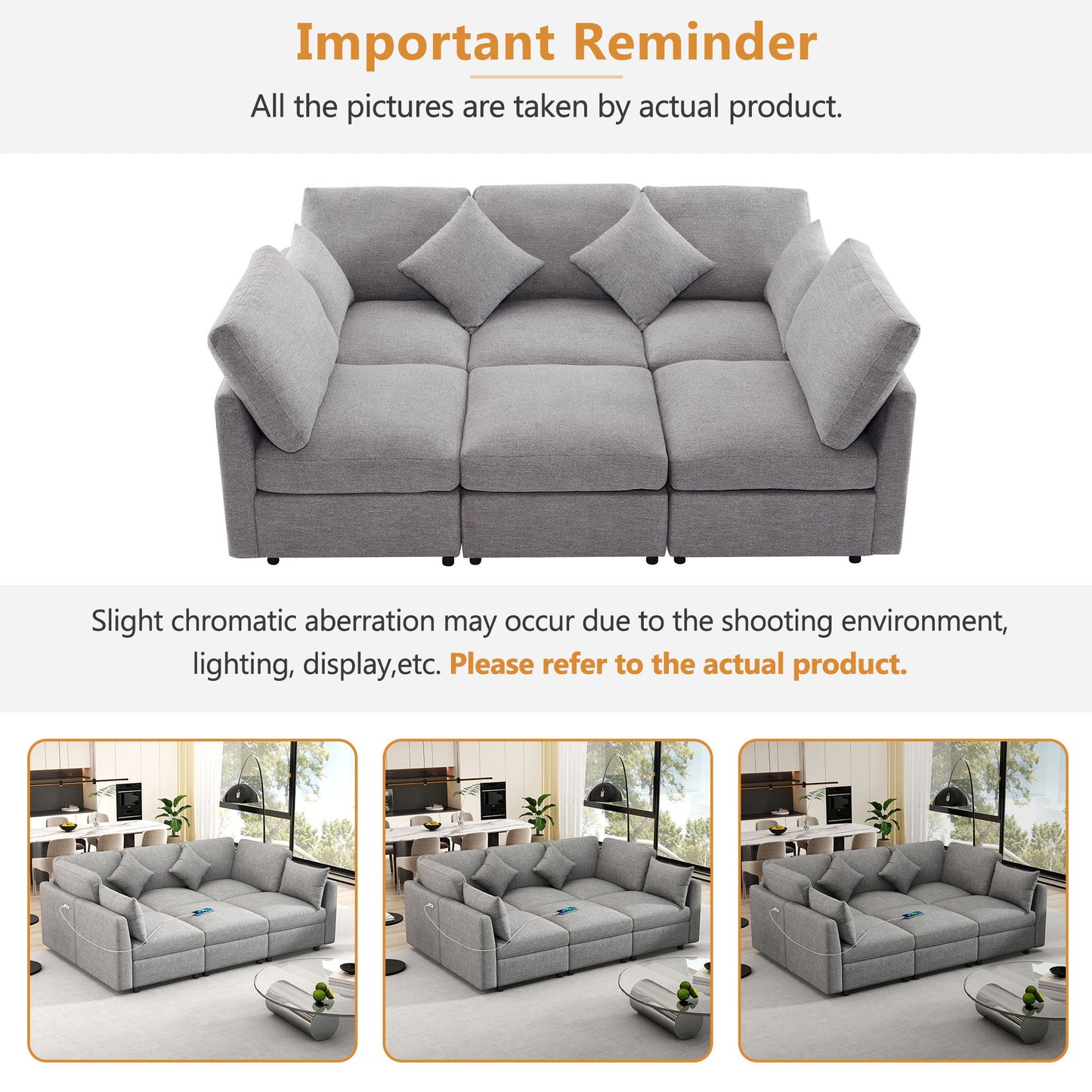 Sectional Sofa Modular Sofa U - Shaped Sofa Couch Sofa Bed L - Shaped Sofa With A Movable Ottoman And Two USB Ports For Living Room - Light Gray