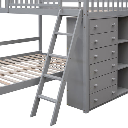 Twin Over Full Bunk Bed With 6 Drawers And Flexible Shelves, Bottom Bed With Wheels - Gray