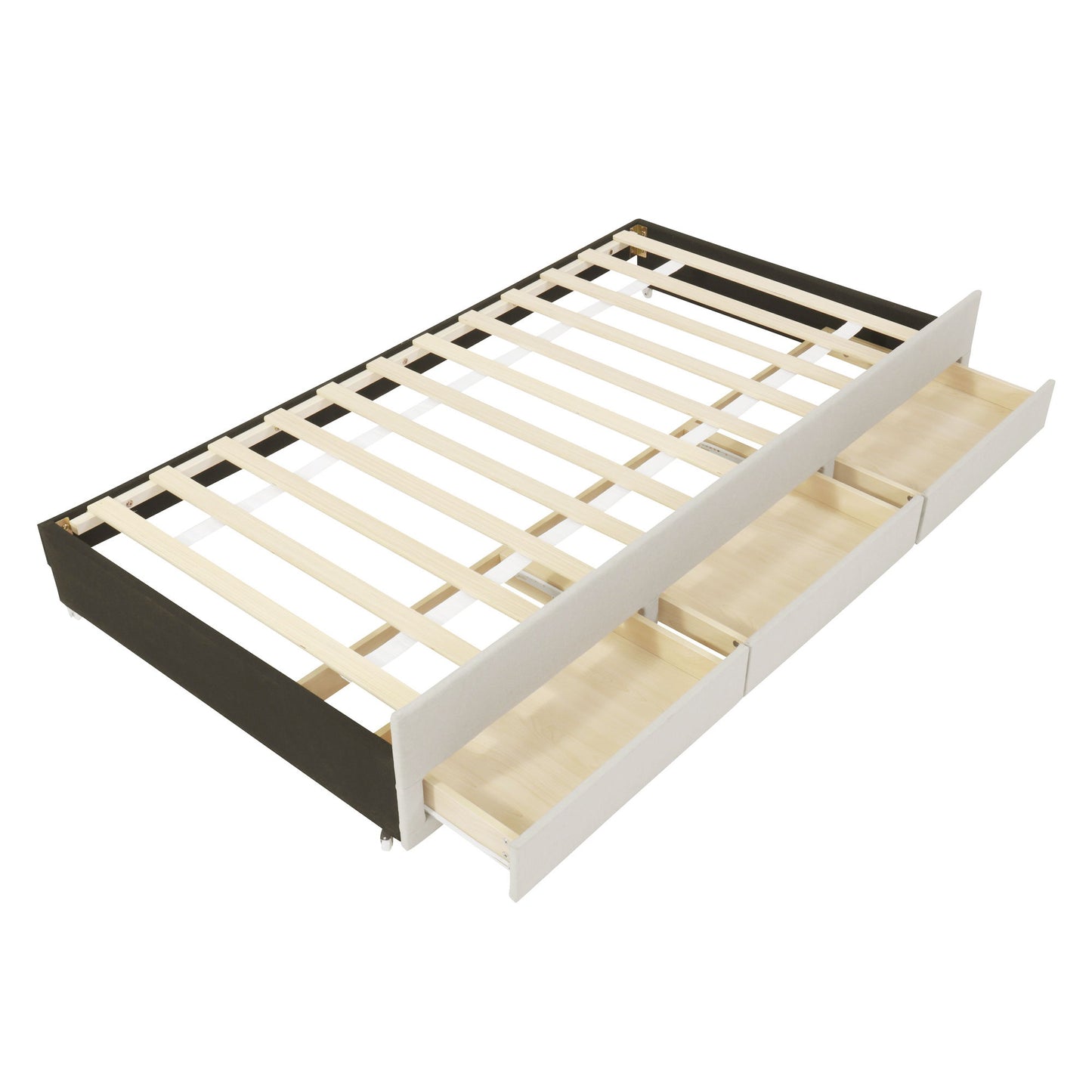 Twin Size Upholstered Platform Bed With Trundle And 3 Drawers - Beige