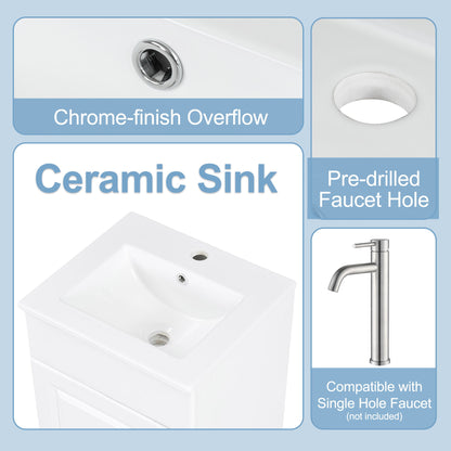 18" Bathroom Vanity With Sink, & Ceramic, Adjustable Shelf - White