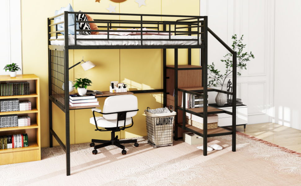 Full Size Loft Bed With Desk And Grid, Stylish Frame With Lateral Storage Ladder And Wardrobe - Black
