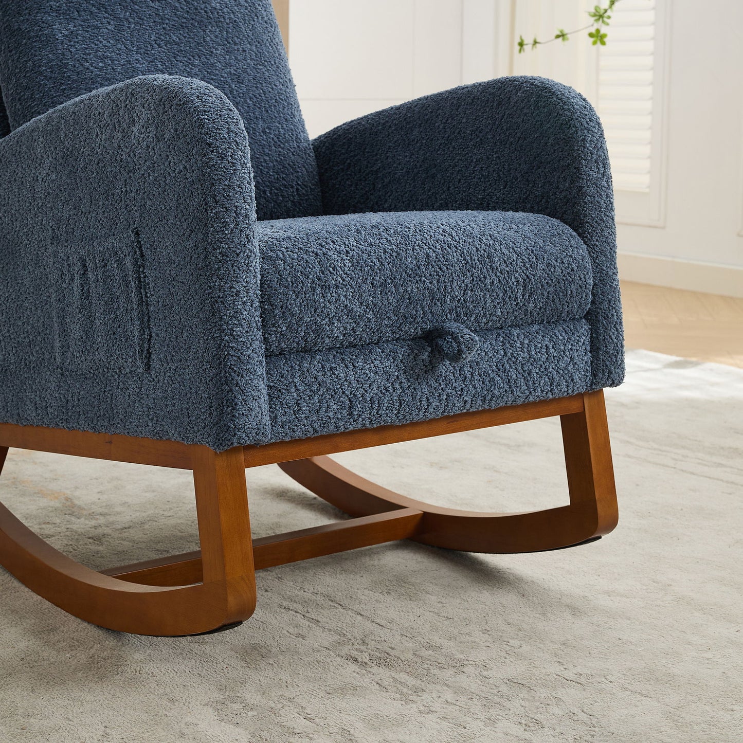Rocking Chair For Nursery, High Back Glider Chair With Retractable Footrest, Side Pocket, Rocking Accent Armchair With Rubber Wood Legs For Living Room / Bedroom - Navy