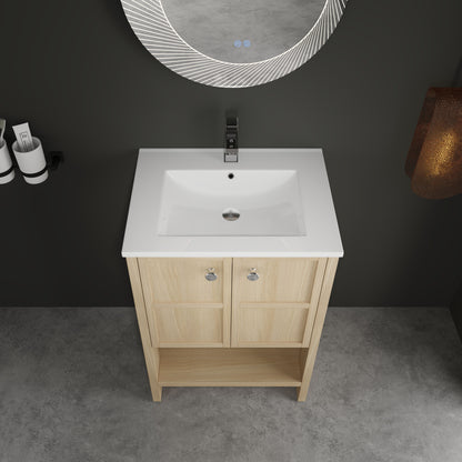 Modern 24" Freestanding Bathroom Vanity With Ceramic Sink And Soft Closing Doors - Oak
