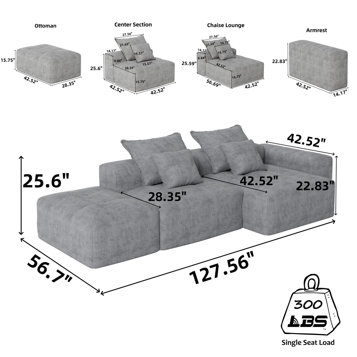 Modern Oversized Modular Sectional Sofa With Ottoman, Seat, Chaise Lounge And Armrest, Sparkling Chenille Fabric Soft Cushion Sofa With 4 Pillows, 4 Pieces Diy Combination Tufted Sofa, No Assembly Required - Beige