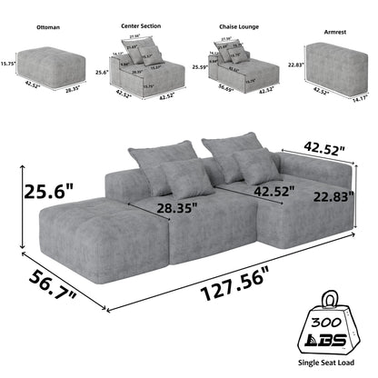 Modern Oversized Modular Sectional Sofa With Ottoman, Seat, Chaise Lounge And Armrest, Sparkling Chenille Fabric Soft Cushion Sofa With 4 Pillows, 4 Pieces Diy Combination Tufted Sofa, No Assembly Required - Beige