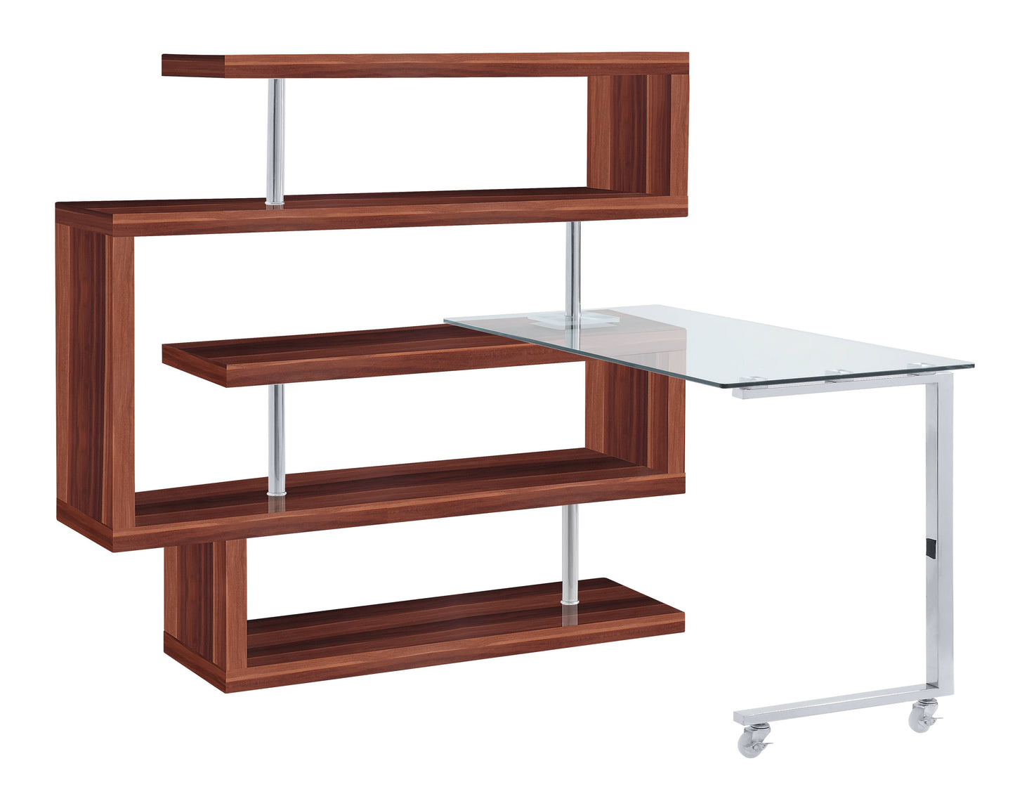 Buck II - Clear Glass, Chrome High Gloss Writing Desk With Shelf - Walnut