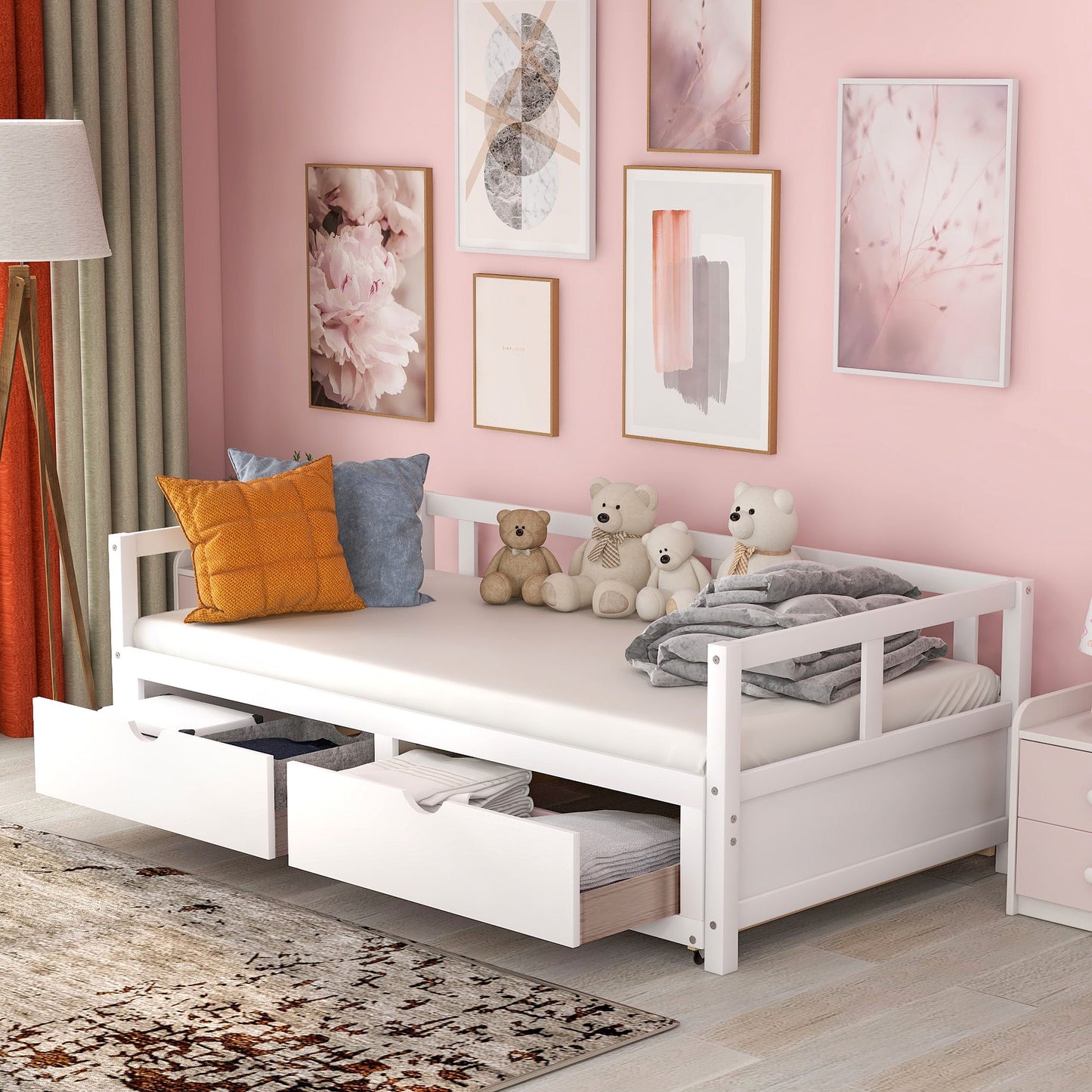 Daybed With Trundle And Two Storage Drawers, Sofa Bed For Bedroom - White