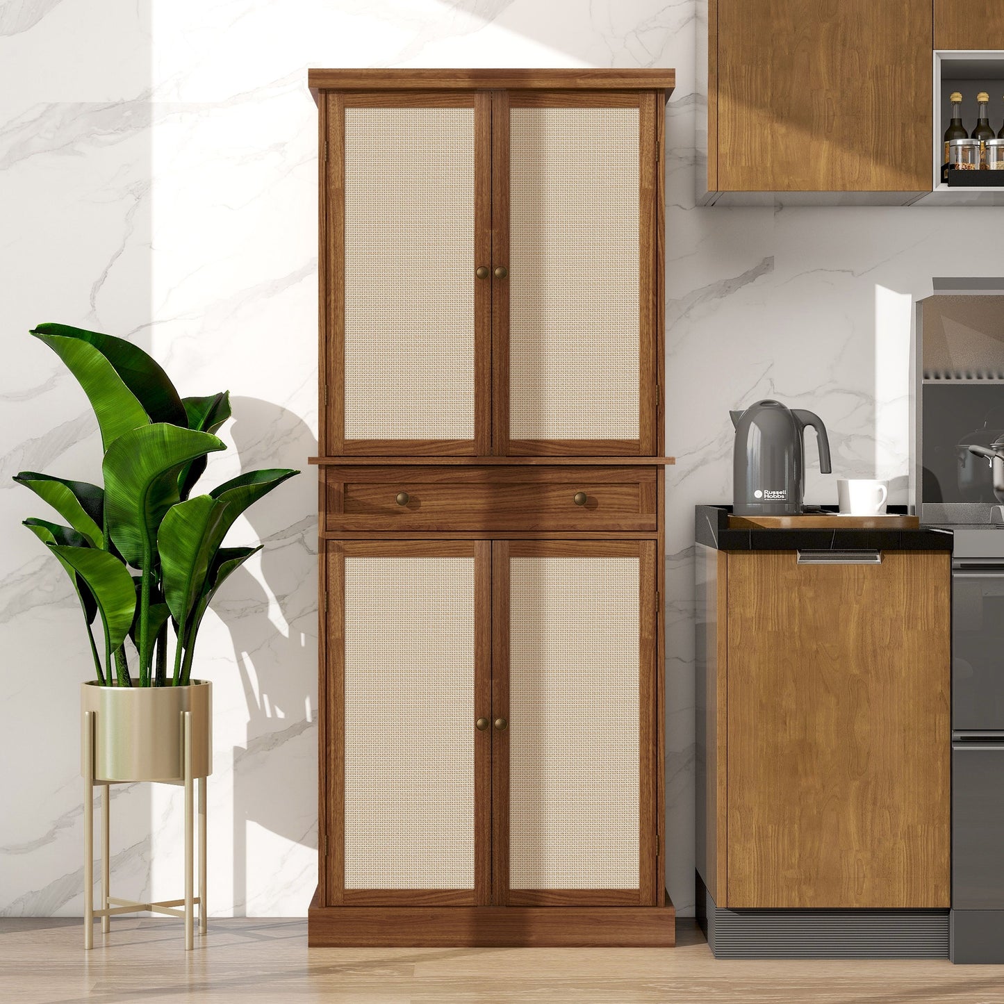 4 Door Cabinet With 1 Drawer, With 4 Adjustable Inner Shelves, Storage Cabinet - Walnut