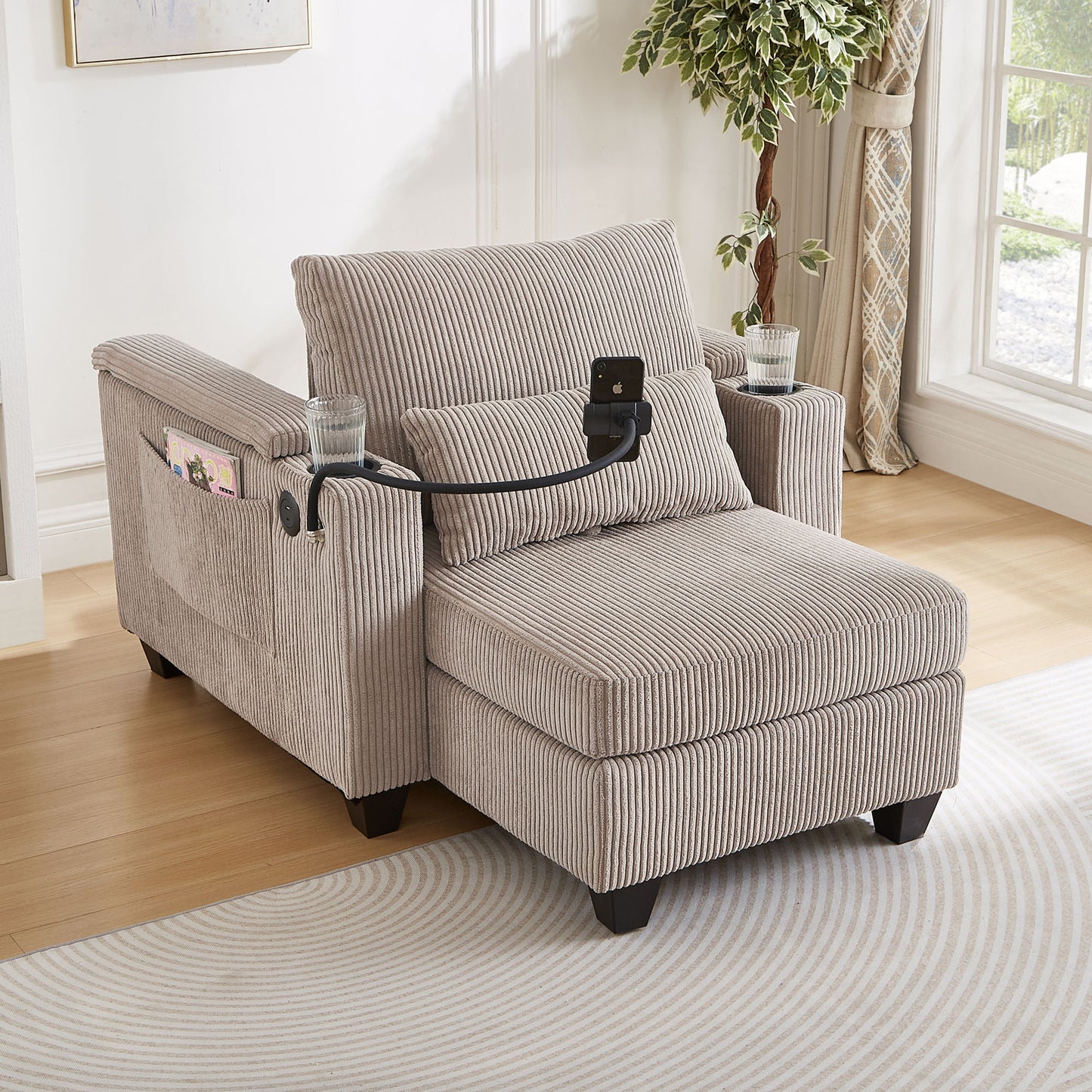 Convertible Chaise Lounge Sofa Chair With USB Ports, Cup Holders, Phone Holder, Storage - Brown