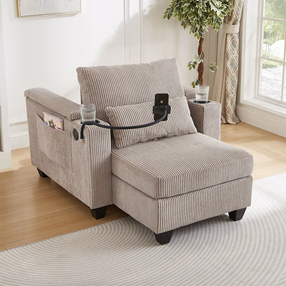 Convertible Chaise Lounge Sofa Chair With USB Ports, Cup Holders, Phone Holder, Storage - Brown