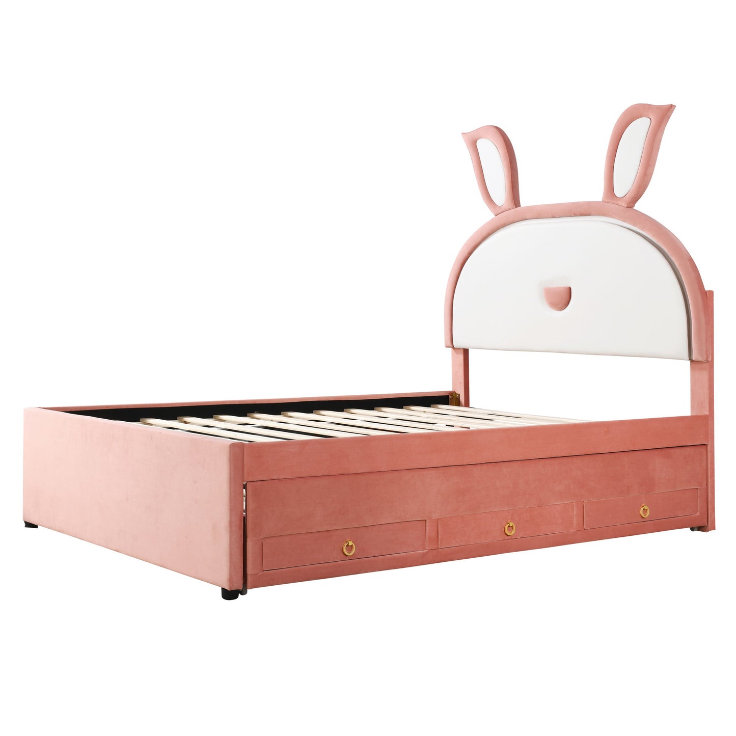 Full Size Upholstered Platform Bed With Trundle And 3 Drawers, Rabbit-Shaped Headboard With Embedded LED Lights - Pink