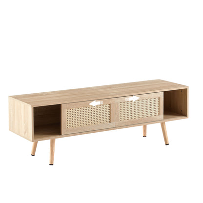 55.12" Rattan TV Cabinet, Double Sliding Doors For Storage, Adjustable Shelf, Solid Wood Legs, TV Console For Living Room - Natural