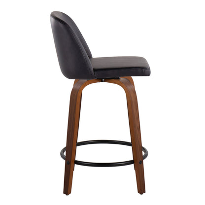 Toriano - Mid-Century Modern Fixed Height Counter Stool With Swivel With Round Footrest (Set of 2) - Walnut / Black