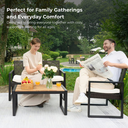 Modern 4 Piece Patio Furniture Set With Acacia Wood Table Top And Beige Cushions - Brown