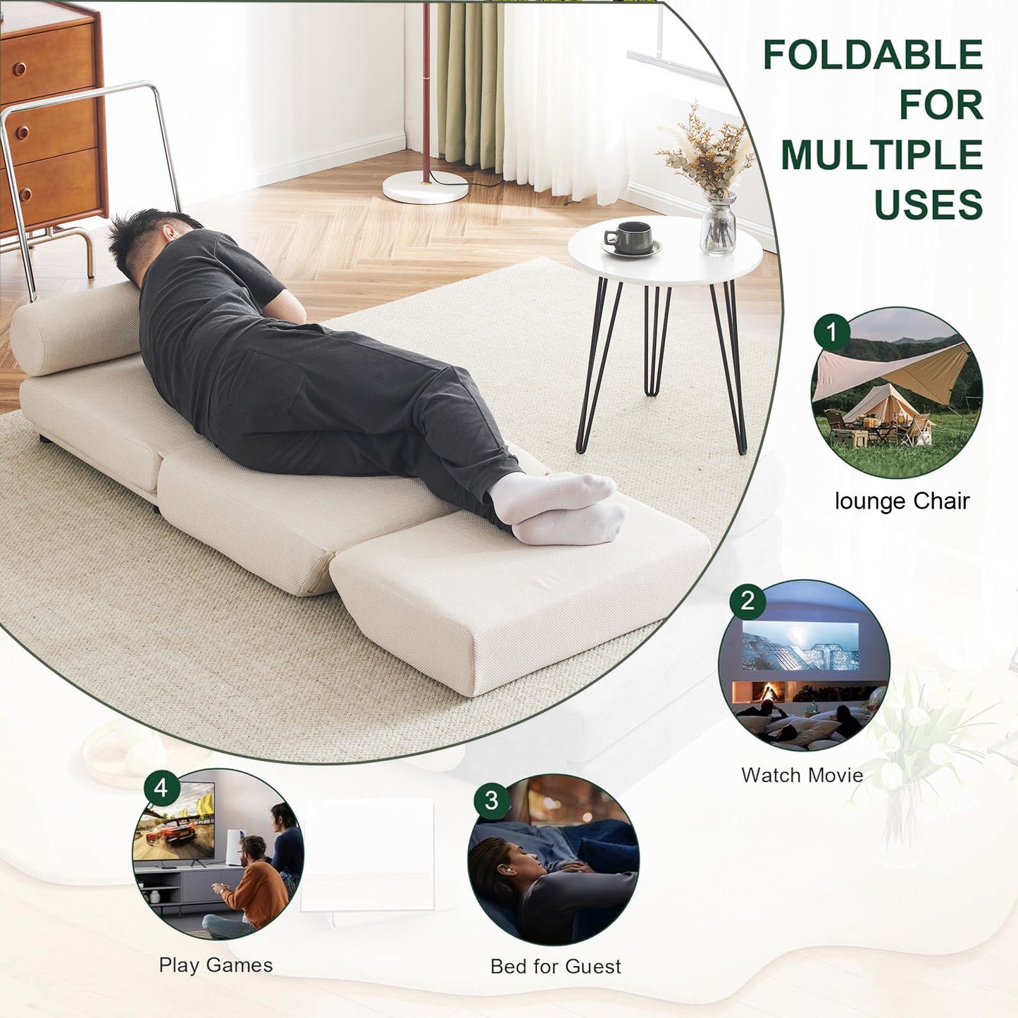 Single Sofa Chair Foldable Single Sofa Bed With Pillow, Portable Foldable Sofa Bed, Leisure Sofa Chair, Easy To Store, Made Of Breathable And Wearable Linen - Cream White