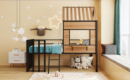 Twin Size Loft Bed With Roof, Window, Guardrail, Ladder - Black