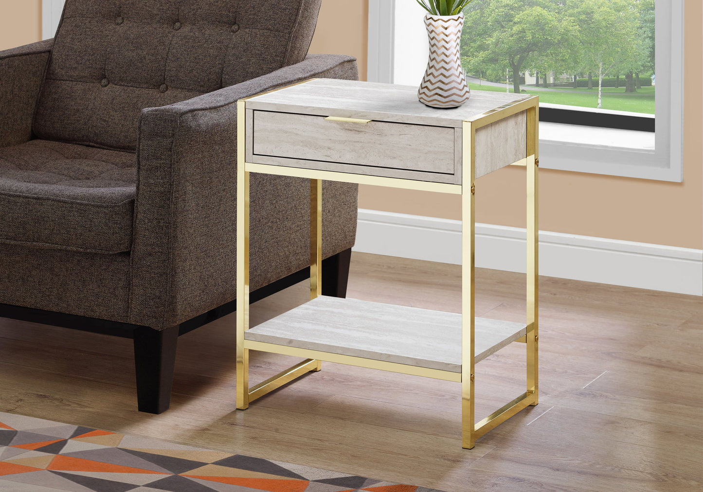 Accent Side Table, Storage Drawer, Marble Look, Contemporary & Modern - Beige