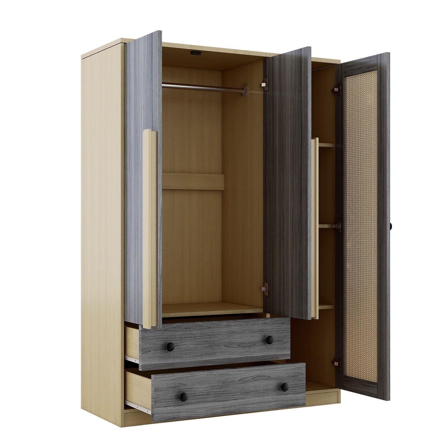 3 Doors Rattan Wardrobe Storage For Bedroom, With 2 Drawers - Gray / Nature