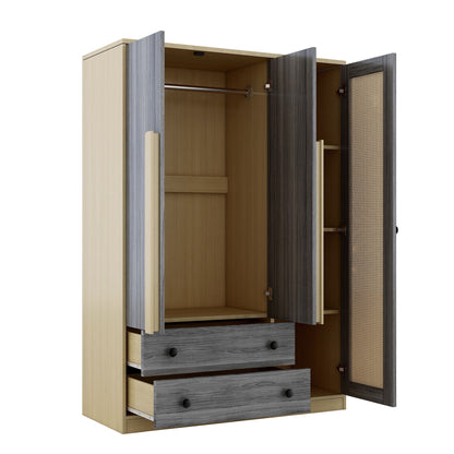 3 Doors Rattan Wardrobe Storage For Bedroom, With 2 Drawers - Gray / Nature