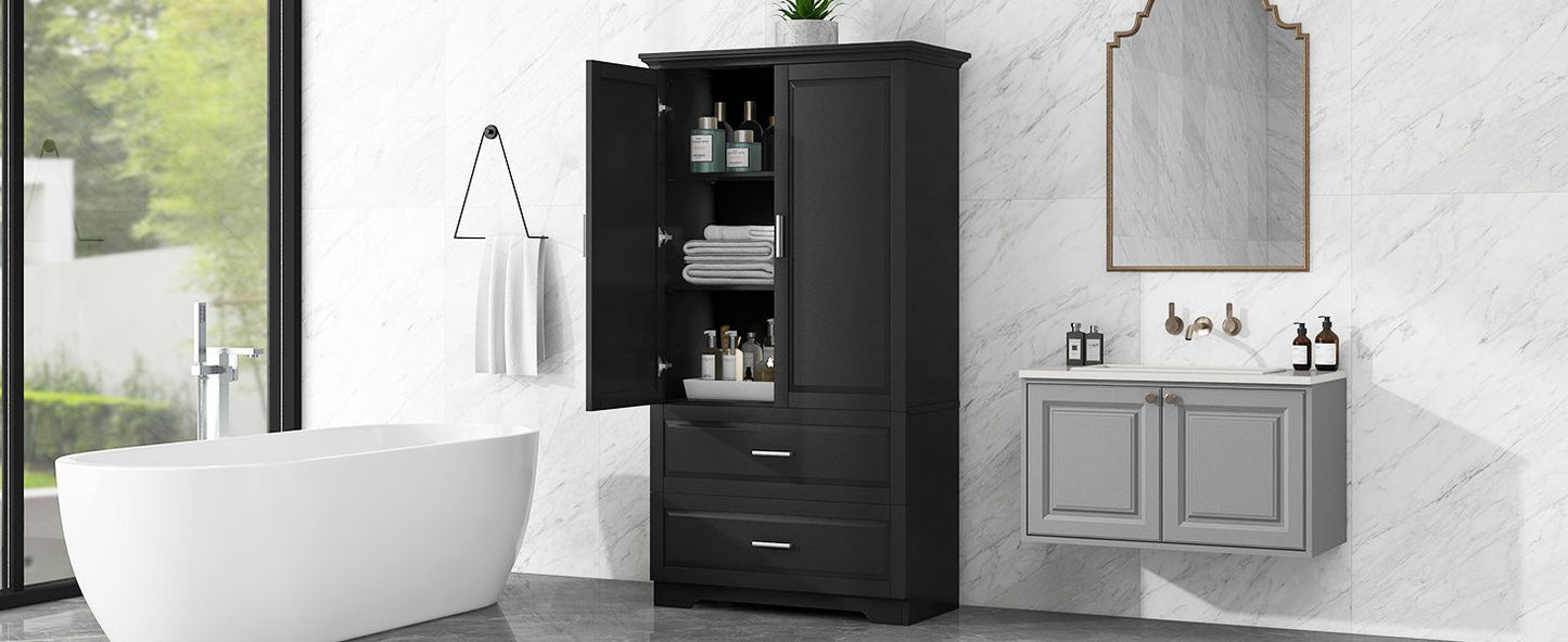 Tall Bathroom Storage Cabinet, Cabinet With 2 Doors And Drawers, Adjustable Shelf - Black