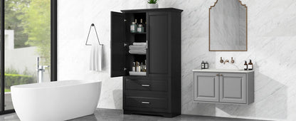 Tall Bathroom Storage Cabinet, Cabinet With 2 Doors And Drawers, Adjustable Shelf - Black