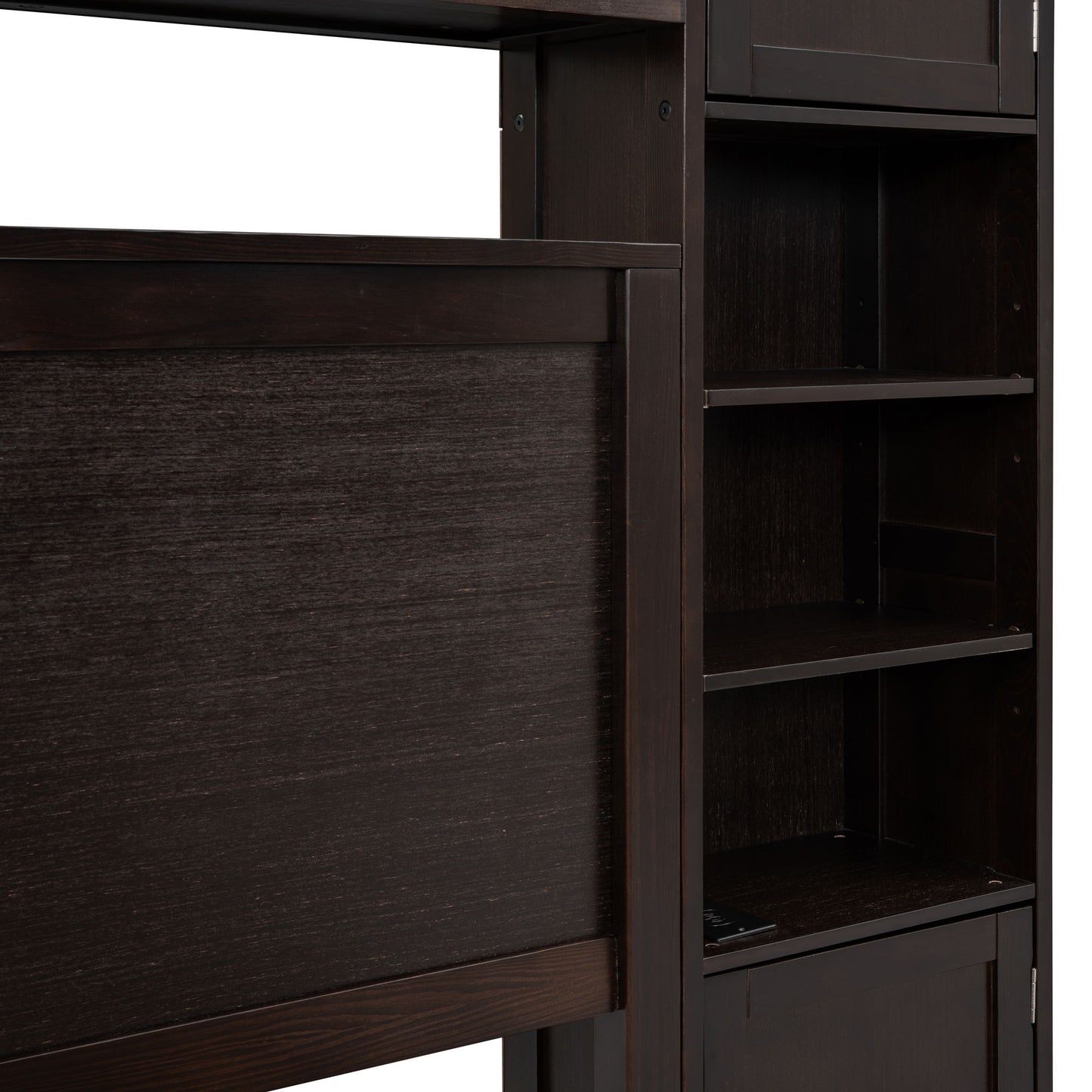 Queen Size Bed With All In One Cabinet, Shelf And Sockets, Twin Long Trundle - Espresso