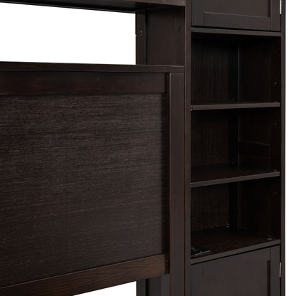 Queen Size Bed With All In One Cabinet, Shelf And Sockets, Twin Long Trundle - Espresso