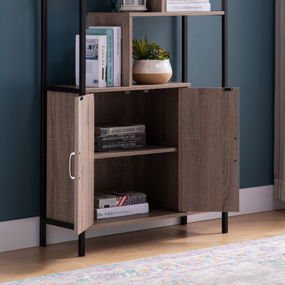 Six Shelf Modern Bookcase With Two Door Storage Cabinet With Two Shelves - Brown / Black