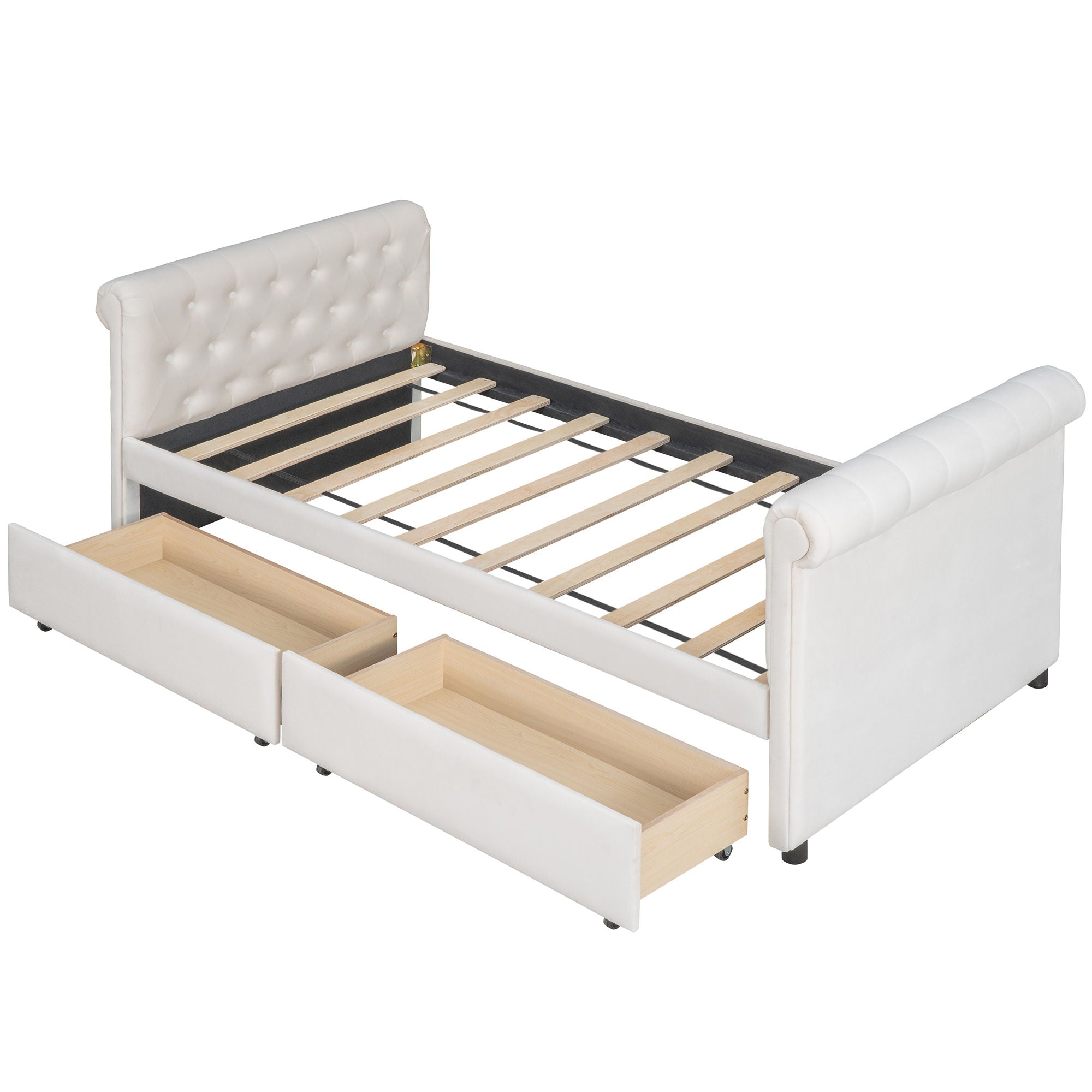 Twin Size Upholstered Daybed With Drawers, Slat Support - Beige