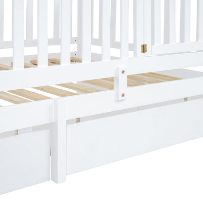 Twin Size Daybed With Fence Guardrails And 2 Drawers, Split Into Independent Floor Bed & Daybed - White
