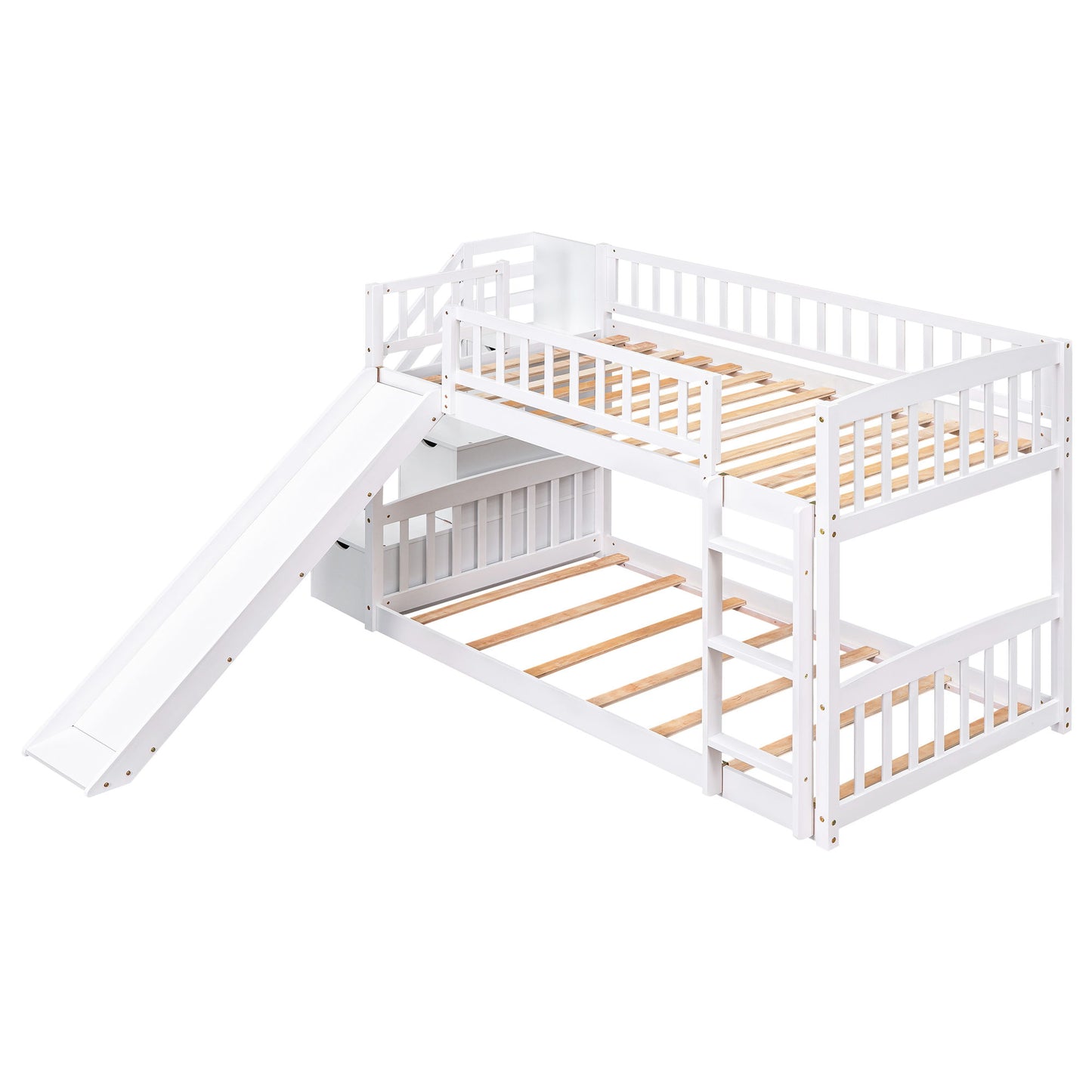 Twin Over Twin Stairway Bunk Bed & Two Drawers And Slide - White