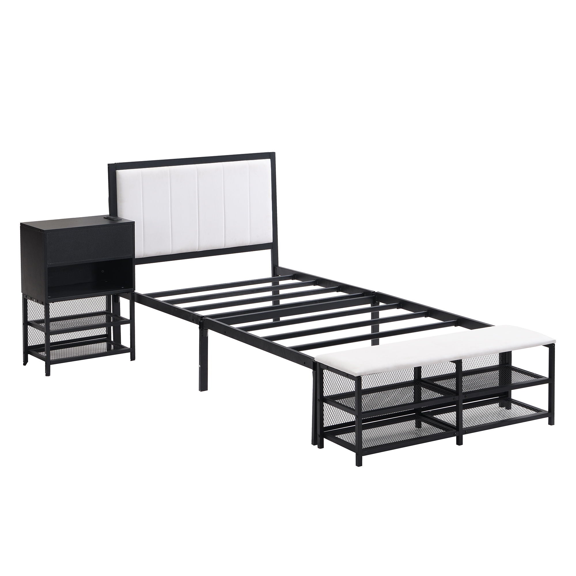 Twin Size Platform Bed With 2 Tier Storage Shelves, Storage Cabinet - Black