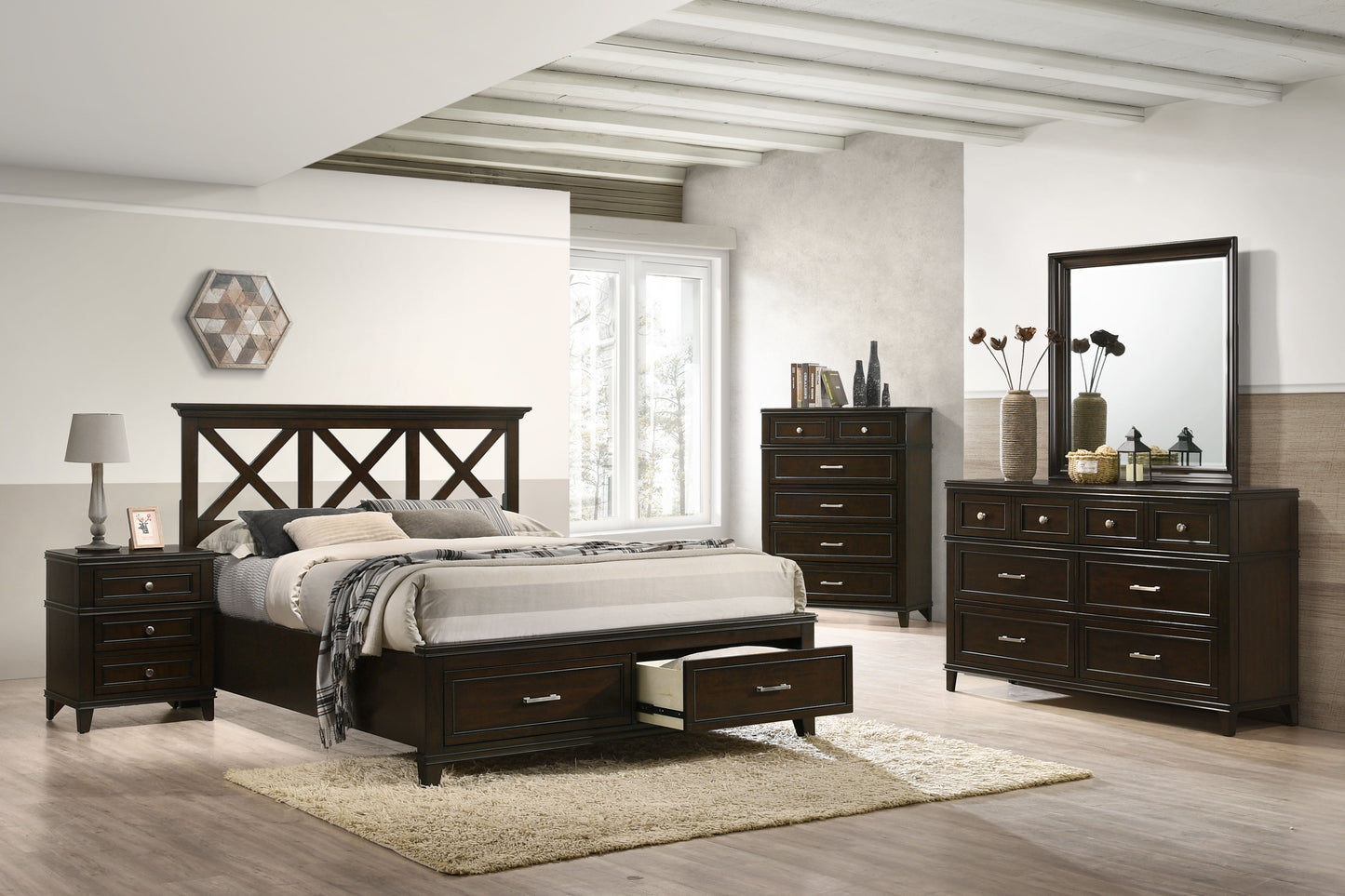 Queen X Storage Bed - Mahogany
