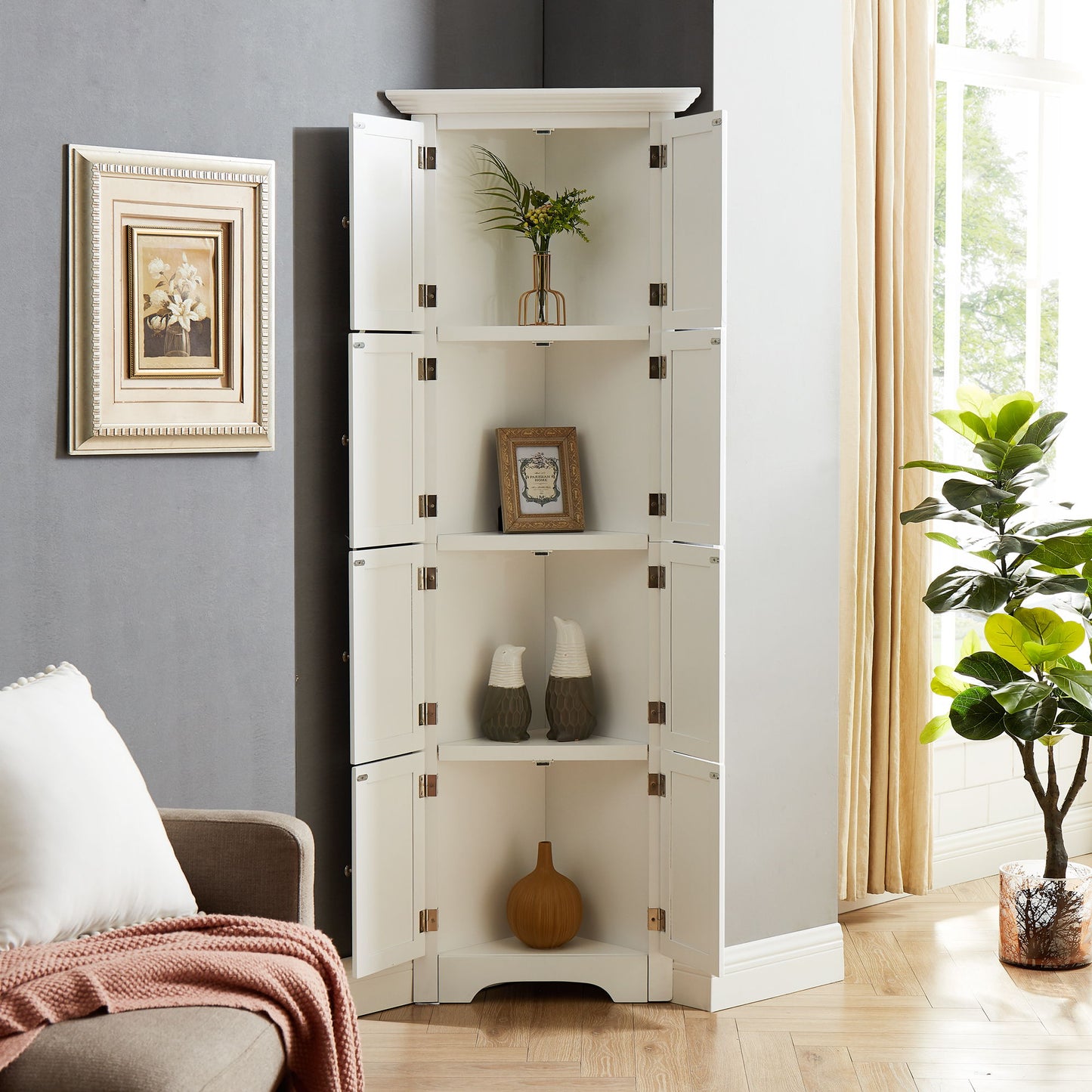 Tall Storage Cabinet With Doors And 4 Shelves For Living Room, Kitchen, Office, Bedroom, Bathroom, Modern - White