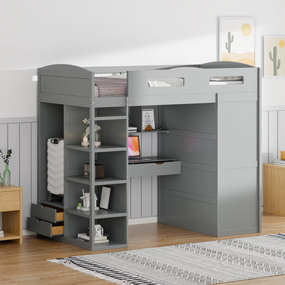 Twin Size Loft Bed With Desk, Wardrobes, 4 Drawers And 4 Shelves Construction - Gray
