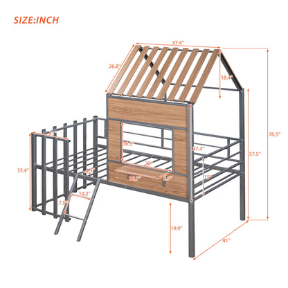 Twin Size Loft Bed With Roof, Window, Guardrail, Ladder - Silver