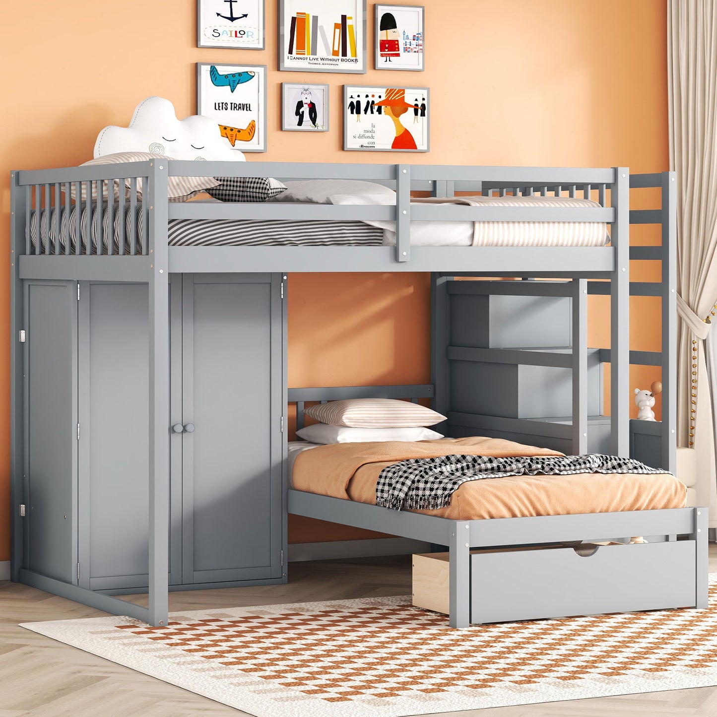 Full Over Twin Bunk Bed With Wardrobe, Drawers - Gray