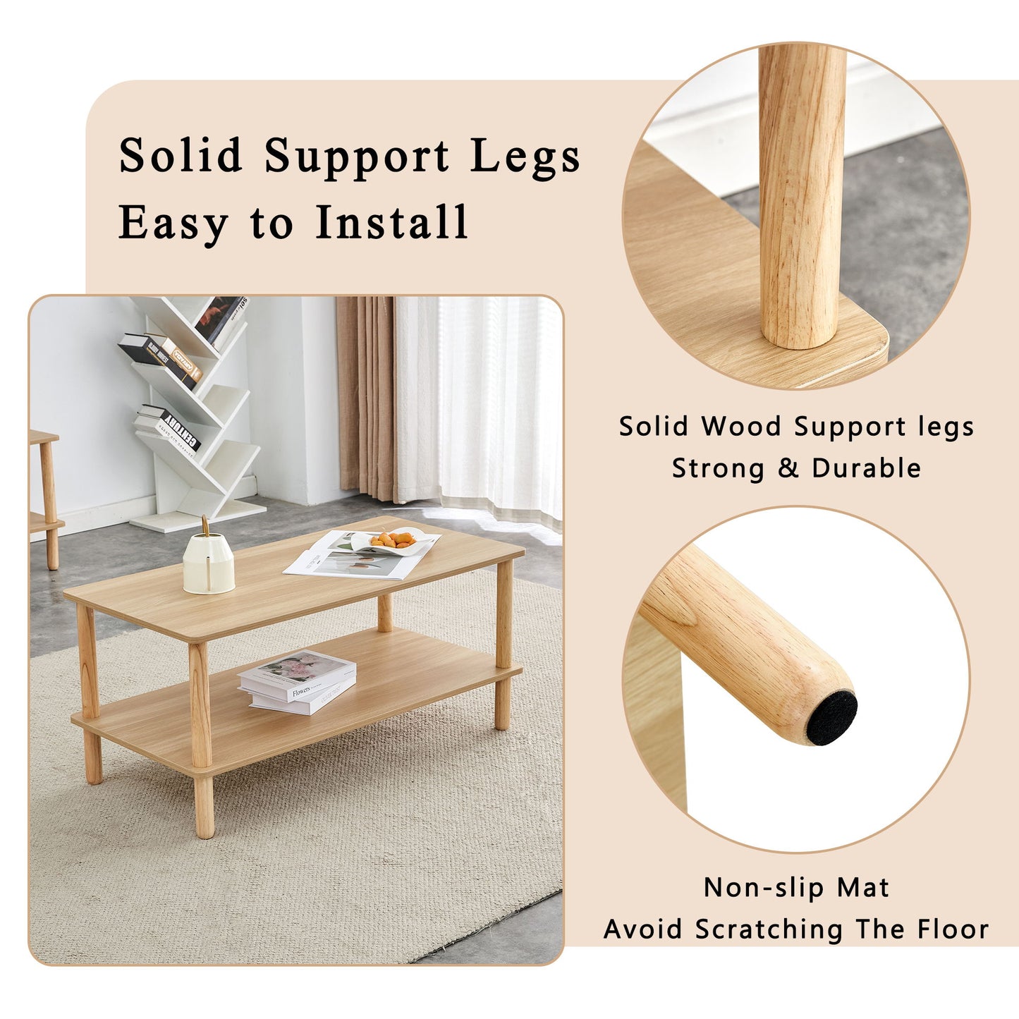 Modern 2 Tier Coffee Table For Living Room Furniture, Rectangular Center Table With Open Storage Shelf, Rounded Rubberwood Legs, Stable And Durable - Burly Wood