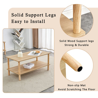 Modern 2 Tier Coffee Table For Living Room Furniture, Rectangular Center Table With Open Storage Shelf, Rounded Rubberwood Legs, Stable And Durable - Burly Wood