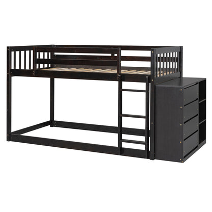 Twin Over Twin Classic Bunk Bed With 4 Drawers And 3 Shelves - Espresso