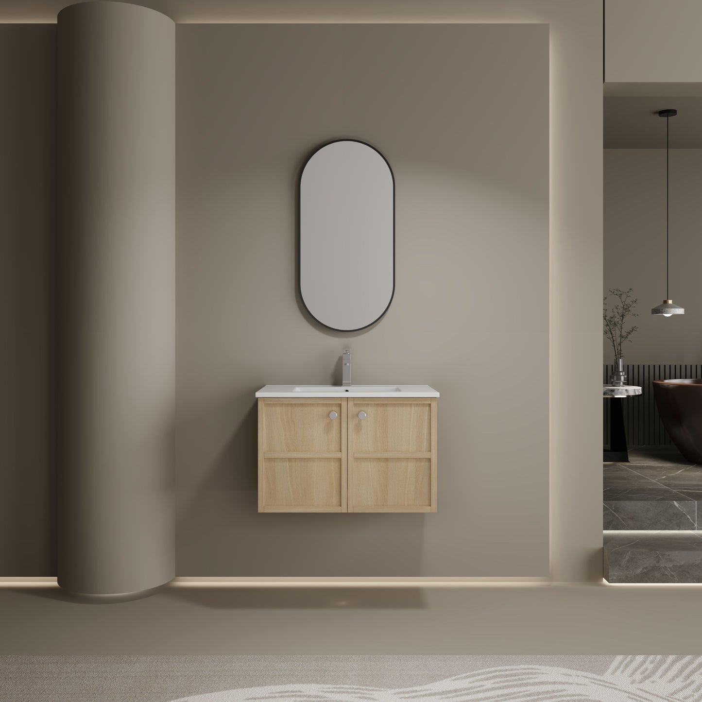 Modern Wall Mounted 30" Bathroom Vanity With Ceramic Sink And Soft Closing Doors - Oak