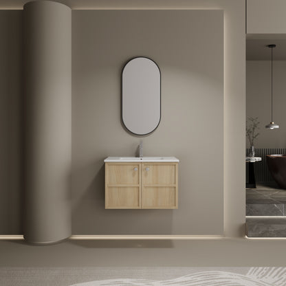 Modern Wall Mounted 30" Bathroom Vanity With Ceramic Sink And Soft Closing Doors - Oak